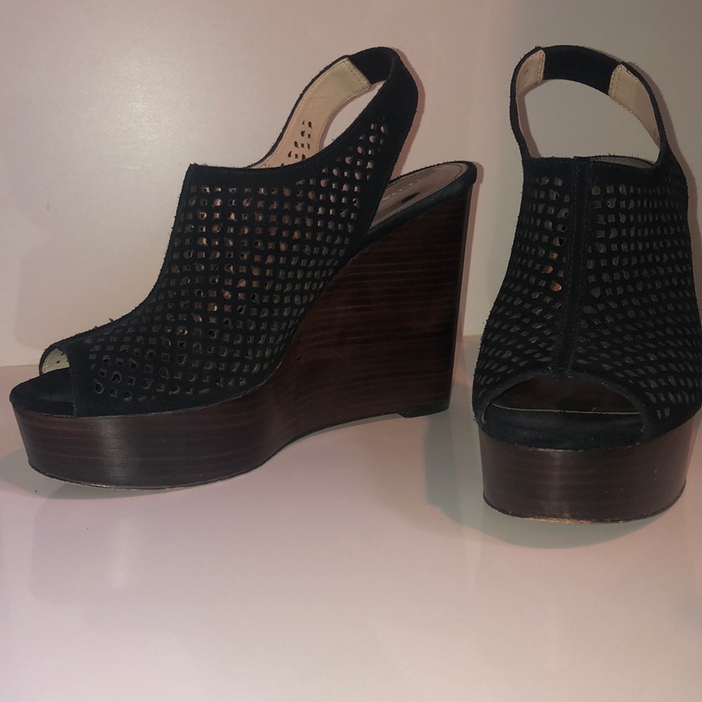 Black suede COACH  open toe wedge.